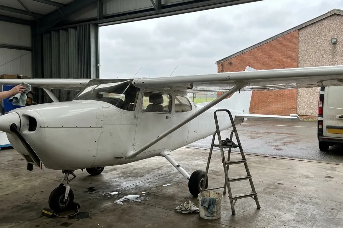Light aircraft cleaned at the hangar