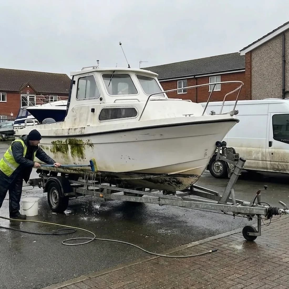 Boat hull and topside grimy before cleaning