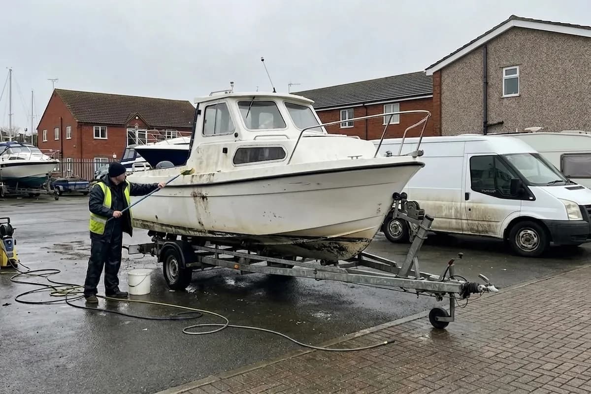 Boat being cleaned at a marina berth