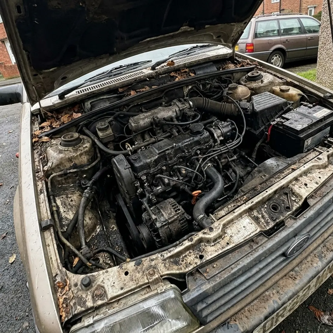 Greasy, grimy engine bay before cleaning