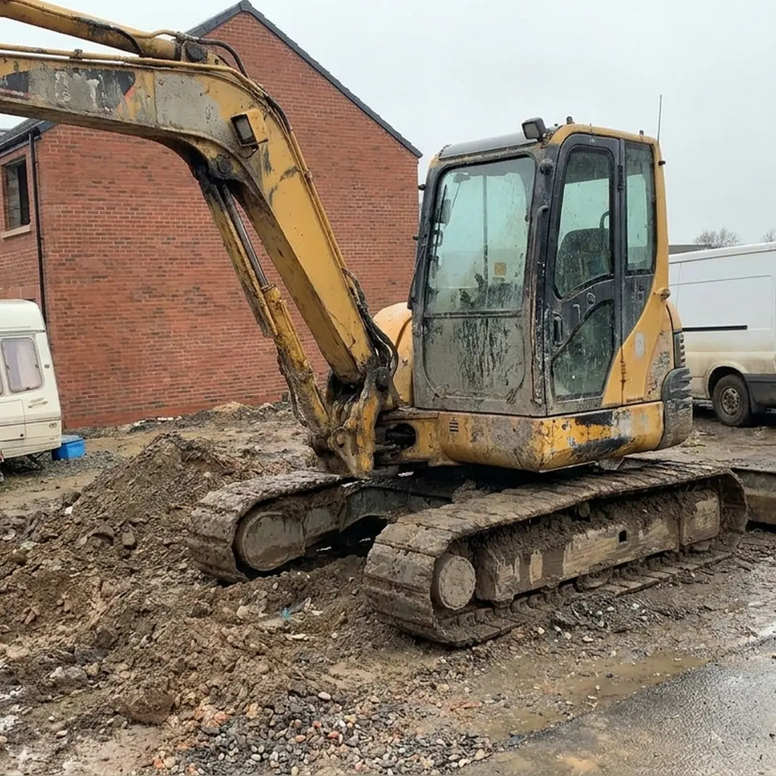 Excavator caked in site mud before cleaning