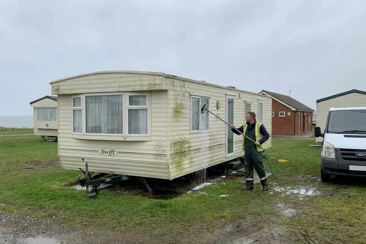 Static caravan UPVC and roof being cleaned